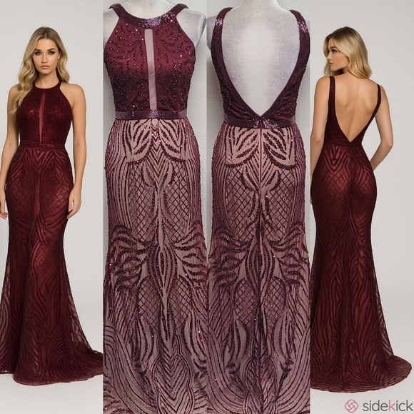 Zasa Karishma Creation Dresses & Skirts - Zasa Karishma Creation Burgundy Sequin Beaded Backless Maxi Mermaid Dress 6